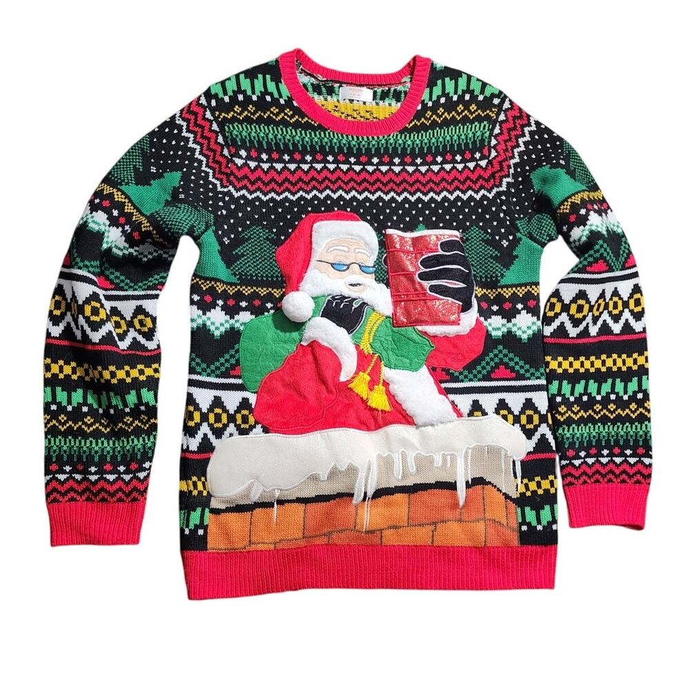 Holiday Time Santa Drink Holder Ugly Christmas Sweater Unisex Small